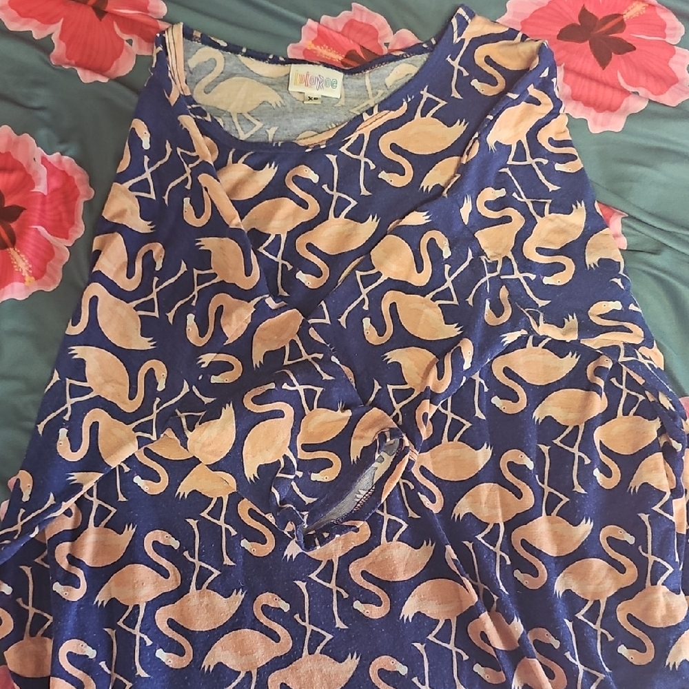 LuLaRoe Blue and Pink Flamingo Blouse